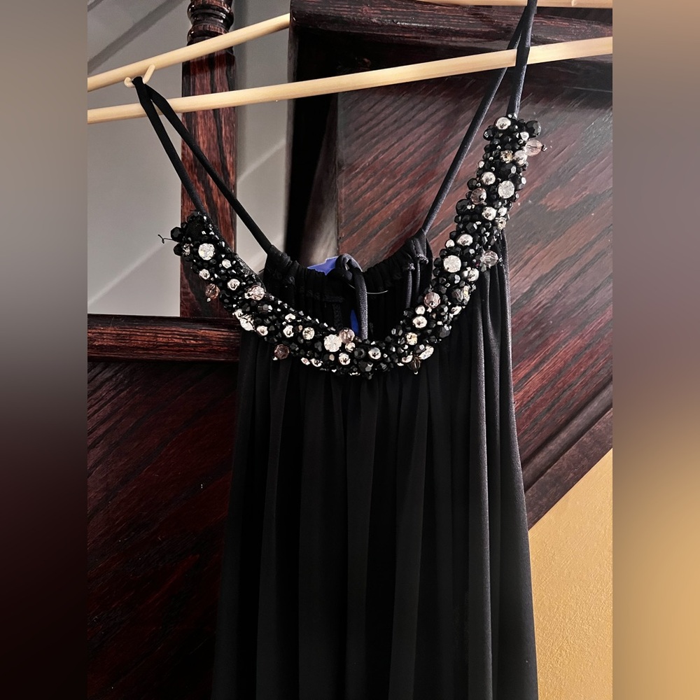Chic Black Strapless Dress Jumpsuit with Embellished Neckline